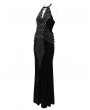 Devil Fashion Black Gothic Punk Cross Chain Halter Velvet Maxi Fishtail Dress
