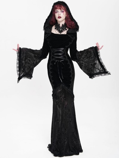 Devil Fashion Black Gothic Vampire Embroidered Velvet Hooded Fishtail Maxi Dress