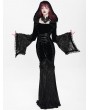 Devil Fashion Black Gothic Vampire Embroidered Velvet Hooded Fishtail Maxi Dress
