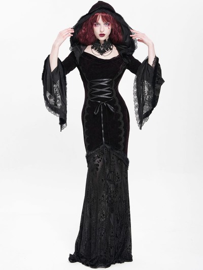 Devil Fashion Black and Red Gothic Vampire Embroidered Velvet Hooded Fishtail Maxi Dress