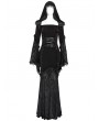 Devil Fashion Black and Red Gothic Vampire Embroidered Velvet Hooded Fishtail Maxi Dress