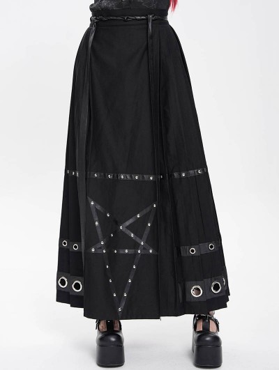 Devil Fashion Black Gothic Punk Eyelet Pentagram Studded Maxi Pleated Skirt