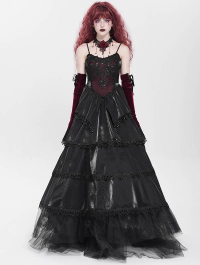 Devil Fashion Black and Red Gothic Embroidery Lace Layered Long Slip Party Dress