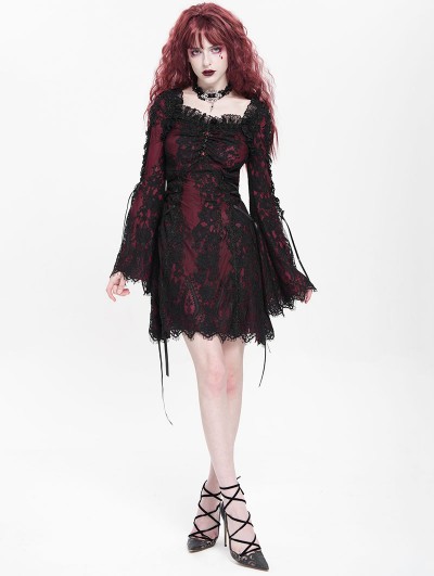Devil Fashion Red Gothic Floral Lace Long Bell Sleeve Short Dress