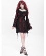 Devil Fashion Red Gothic Floral Lace Long Bell Sleeve Short Dress