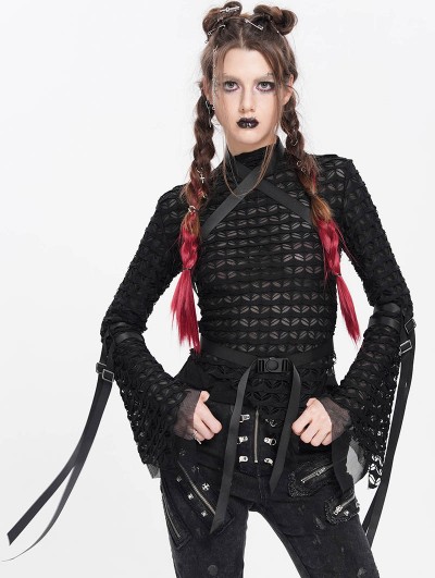 Devil Fashion Black Gothic Punk Cross Strap Irregular Hollow Out T-Shirt for Women