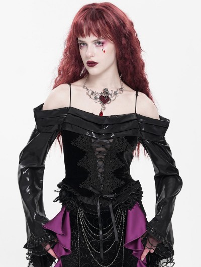 Devil Fashion Black Sexy Gothic Off-the-Shoulder Embroidered Ruched Top for Women