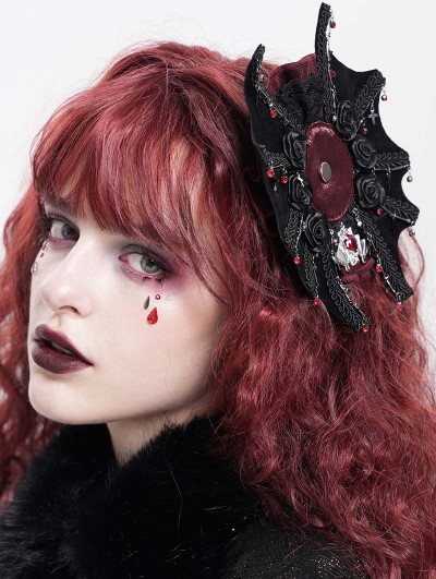 Devil Fashion Black and Red Gothic Embroidery Rose Applique Headwear