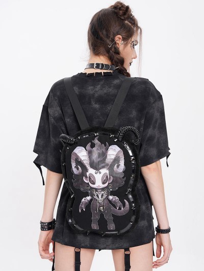 Devil Fashion Black Gothic Punk Chain Embellished Plush Backpack