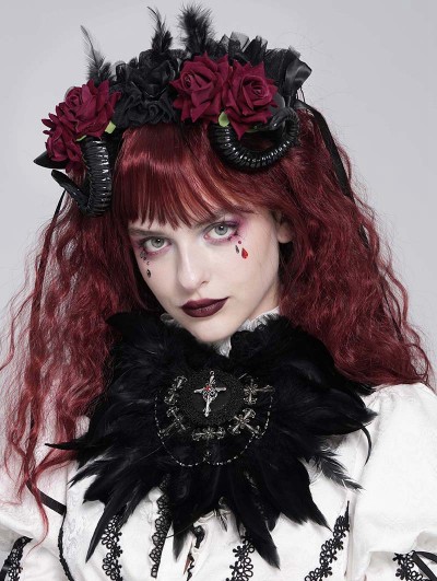 Devil Fashion Black Gothic Cross Beaded Feather Headwear