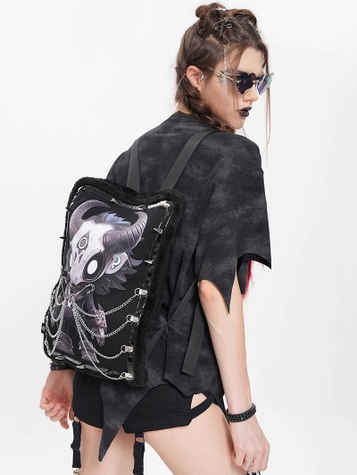 Devil Fashion Black Gothic Printed Chain Embellished Backpack