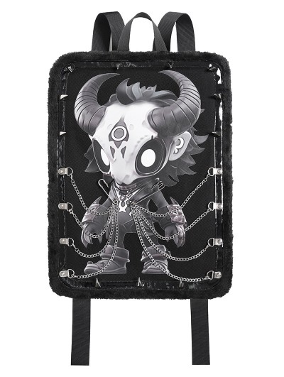 Devil Fashion Black Gothic Printed Chain Embellished Backpack