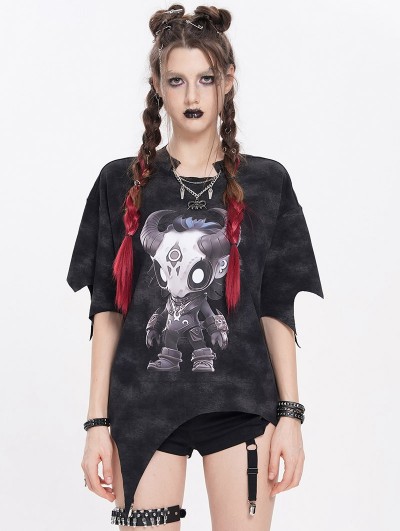 Devil Fashion Black Gothic Printed Irregular Loose T-shirt for Women
