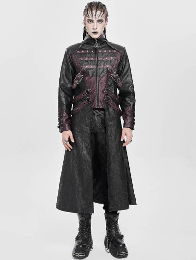 Devil Fashion Black and Red Gothic Punk Studded Buckle Strap Long Coat for Men