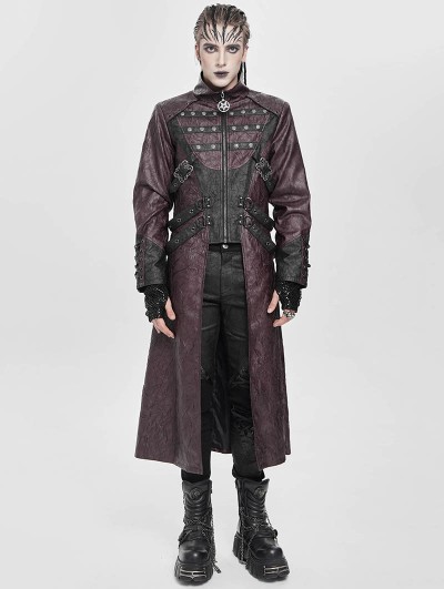 Devil Fashion Wine Red Gothic Punk Studded Buckle Strap Long Coat for Men