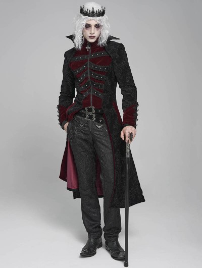 Devil Fashion Black and Red Retro Gothic Stand Collar Embroidered Velvet Party Coat for Men