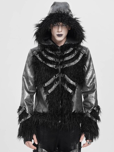 Devil Fashion Black Gothic Punk Faux Fur Patchwork Hooded Jacket for Men