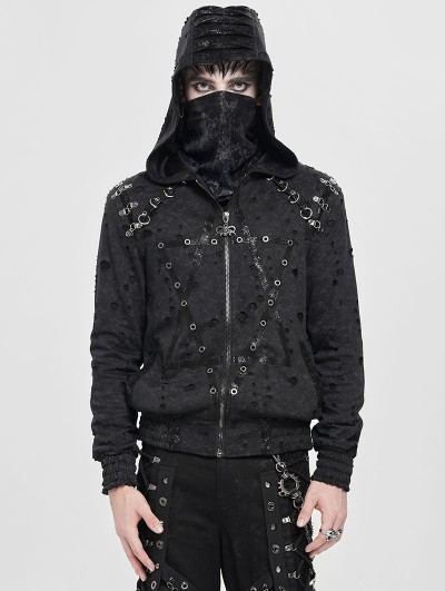 Devil Fashion Black Gothic Punk Eyelet Hooded Distressed Jacket for Men