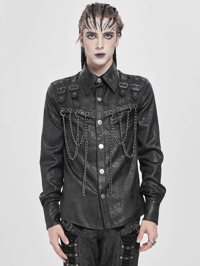 Devil Fashion Black Gothic Punk Buckle Chain Long Sleeve Shirt for Men
