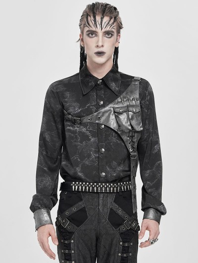 Devil Fashion Black Gothic Faux Leather Patch Long Sleeve Shirt for Men