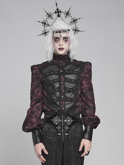 Devil Fashion Black and Red Retro Gothic Jacquard Puff Sleeve Party Shirt for Men