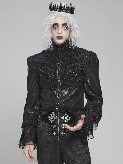Devil Fashion Black Retro Gothic Ruffled Stand Collar Beaded Shirt for Men