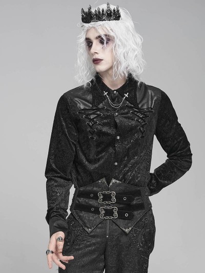 Devil Fashion Black Gothic Retro Jacquard Faux Leather Spliced Shirt for Men