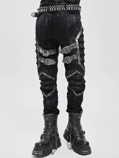Devil Fashion Black Gothic Punk Studded Buckle Strap Fitted Pants for Men