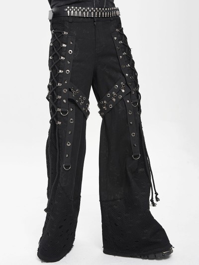 Devil Fashion Black Gothic Punk Studded Distressed Wide Leg Pants for Men