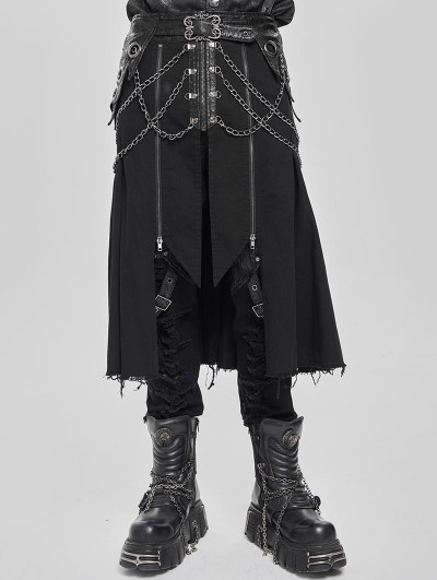 Devil Fashion Black Gothic Punk Chain Irregular Pleated Skirt for Men