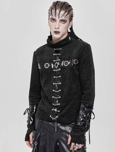 Devil Fashion Black Gothic Punk Eyelet Chain Long Sleeve T-Shirt for Men