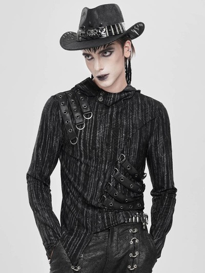 Devil Fashion Black and Gray Striped Gothic Asymmetric Hooded T-Shirt for Men