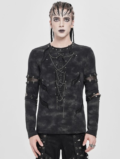 Devil Fashion Black Gothic Punk Studded Cutout Long Sleeve T-Shirt for Men