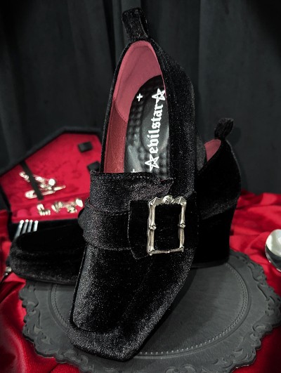 Black Gothic Skeleton Bat Buckle Block Heeled Shoes
