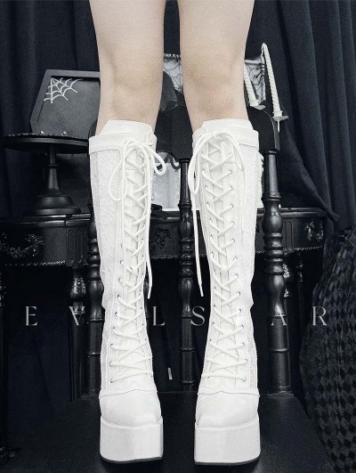 White Lace Gothic Platform Lace-Up Knee High Boots