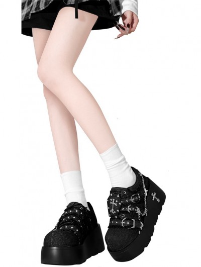 Black Gothic Cross Chain Studded Denim Platform Shoes