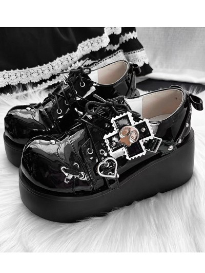 Black Gothic Patent Punk Heart Buckle Platform Shoes