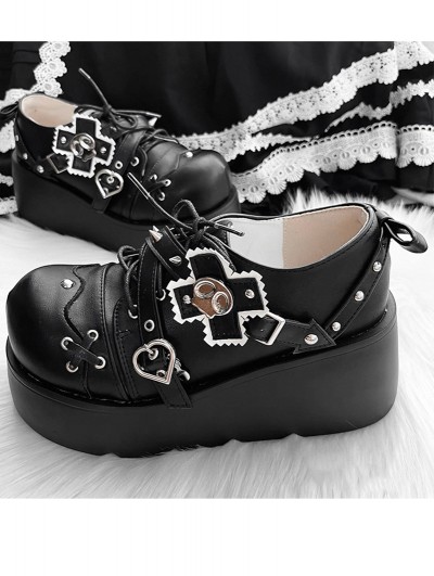 Black Gothic Matte Punk Heart Buckle Platform Shoes