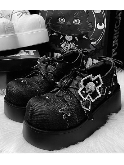 Black Gothic Denim Punk Heart Buckle Platform Shoes