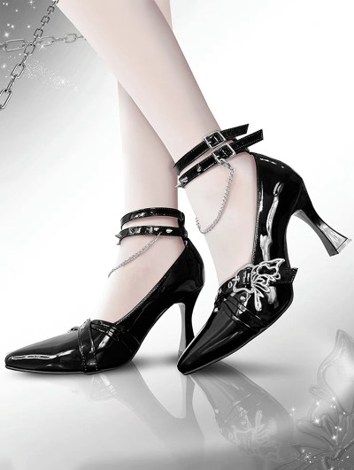 Black Gothic Punk Butterfly Buckled High Heel Shoes