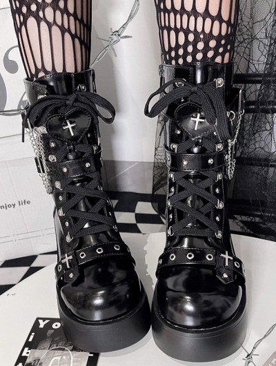 Black Gothic Metal Chain Lace-Up Platform Wedge Boots