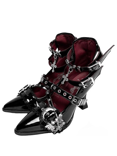 Black Gothic Ankle Strap Stiletto Pointed High Heels