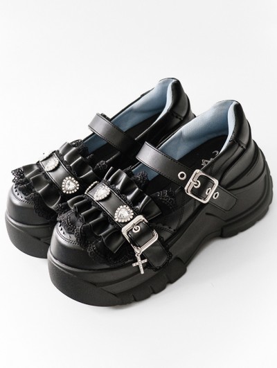 Black Gothic Pleated Lace Trim Strappy Platform Shoes