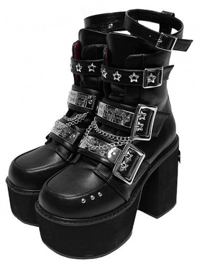 Black Gothic Punk Platform Metal Panel Heeled Boots