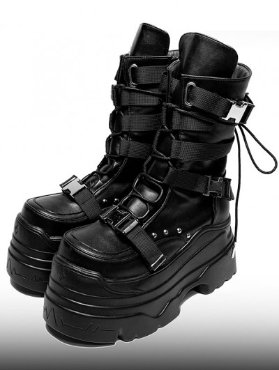 Black Gothic Cyberpunk Ridged Sole Lace-Up Combat Boots