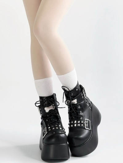Black Matte Gothic Punk Rock Platform Studded Ankle Boots