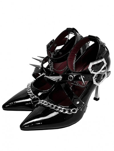 Black Gothic Coffin Buckle Pointed Stiletto Heeled Shoes