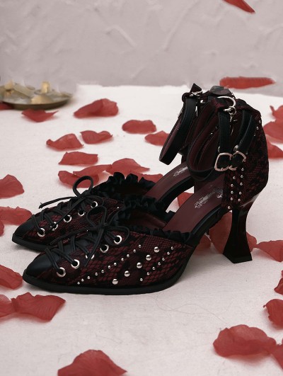 Red and Black Lace Gothic Pointed Ankle Strap Heeled Shoes