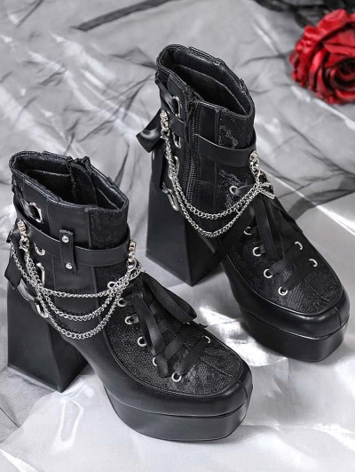 Black Gothic Lace Spliced Platform Block High Heeled Shoes