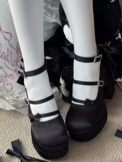Black Gothic Satin Bow Strappy High Heeled Shoes